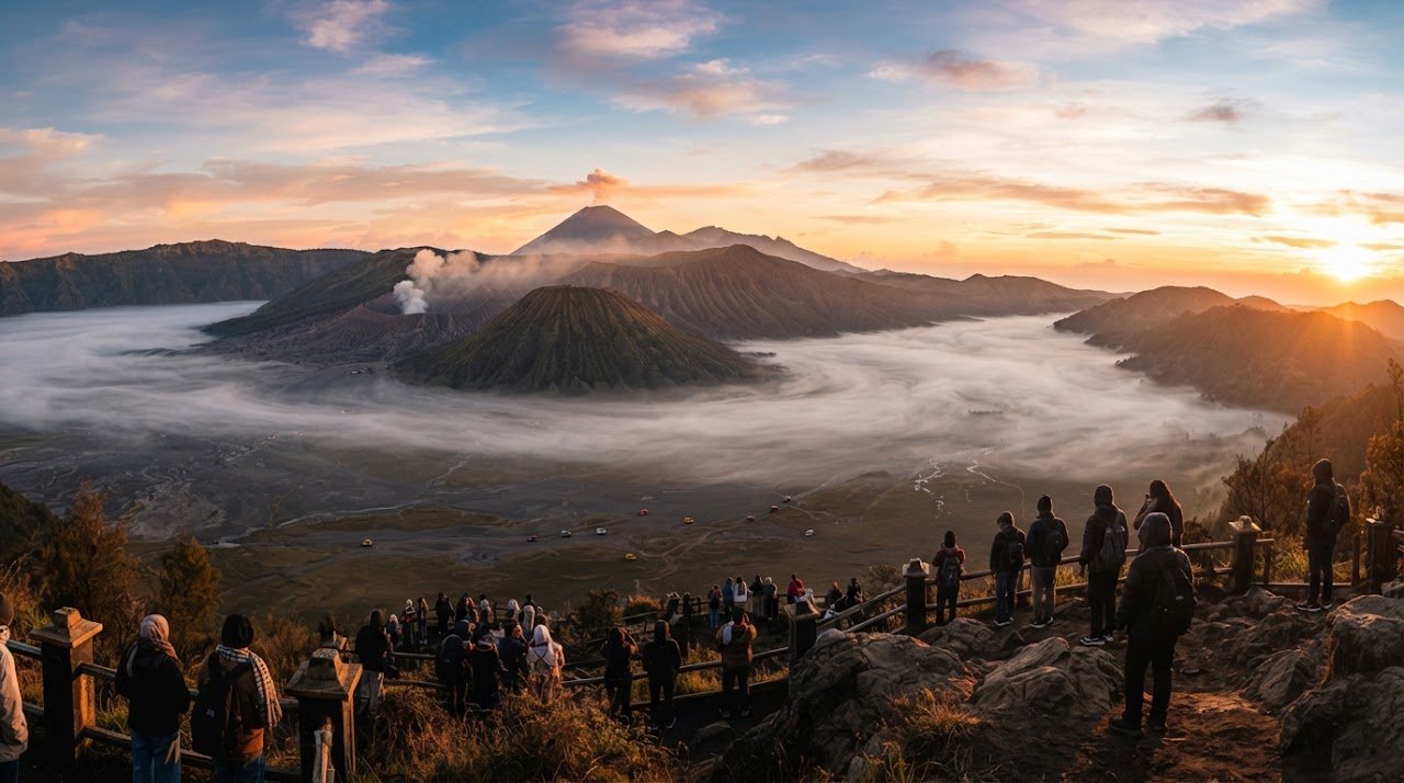 Pemandangan dramatis sunrise kaldera Gunung Bromo berkabut emas