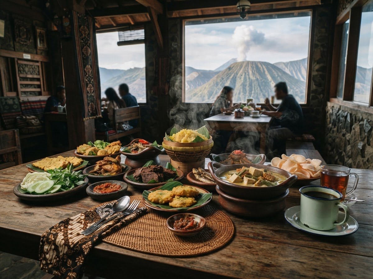 Traditional authentic Tenggerese Javanese steaming food culinary spread
